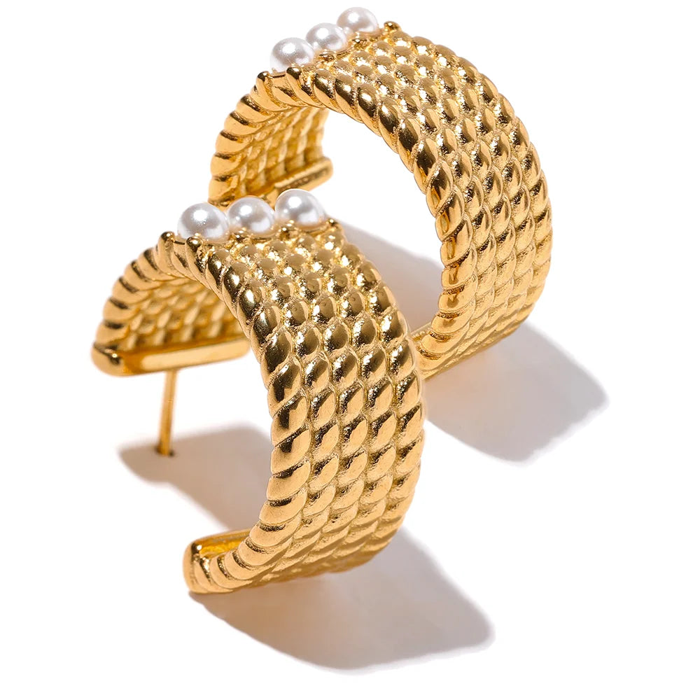 Wide Geometric Pearl Hoop Style