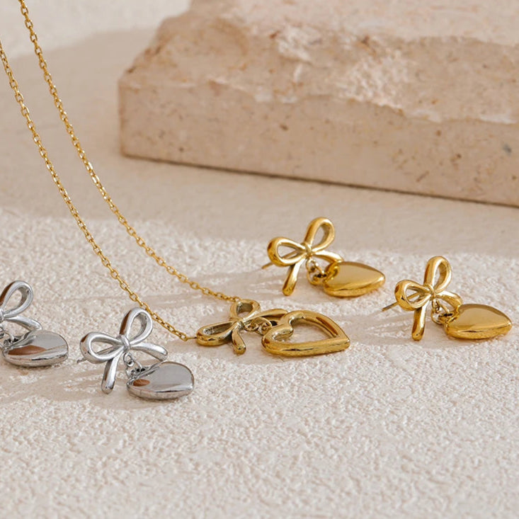 Bow knot Heart Lover Necklace Earrings Set