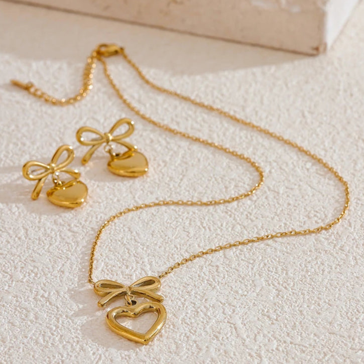 Bow knot Heart Lover Necklace Earrings Set