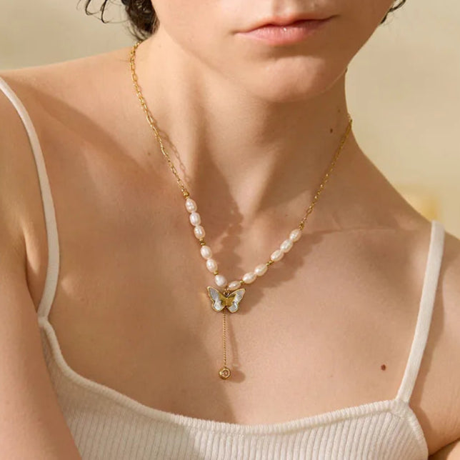 Pearl Chain Butterfly Pendant Necklace