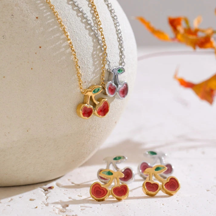 Cherry Pendant Necklace Earrings Set