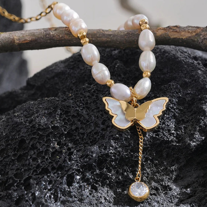 Pearl Chain Butterfly Pendant Necklace