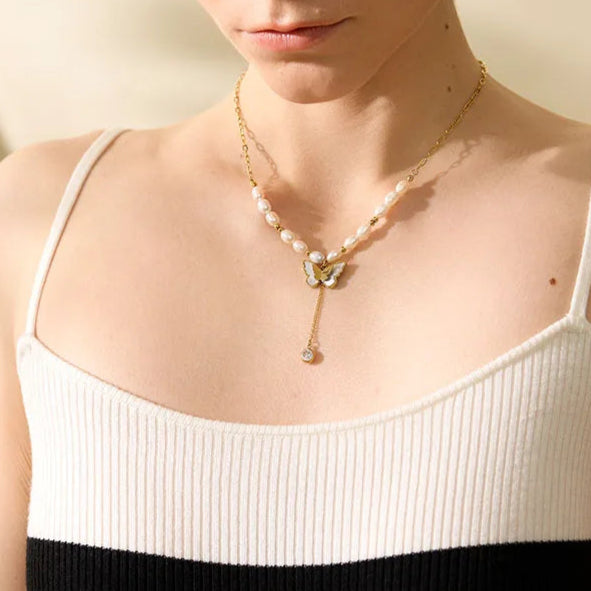 Pearl Chain Butterfly Pendant Necklace