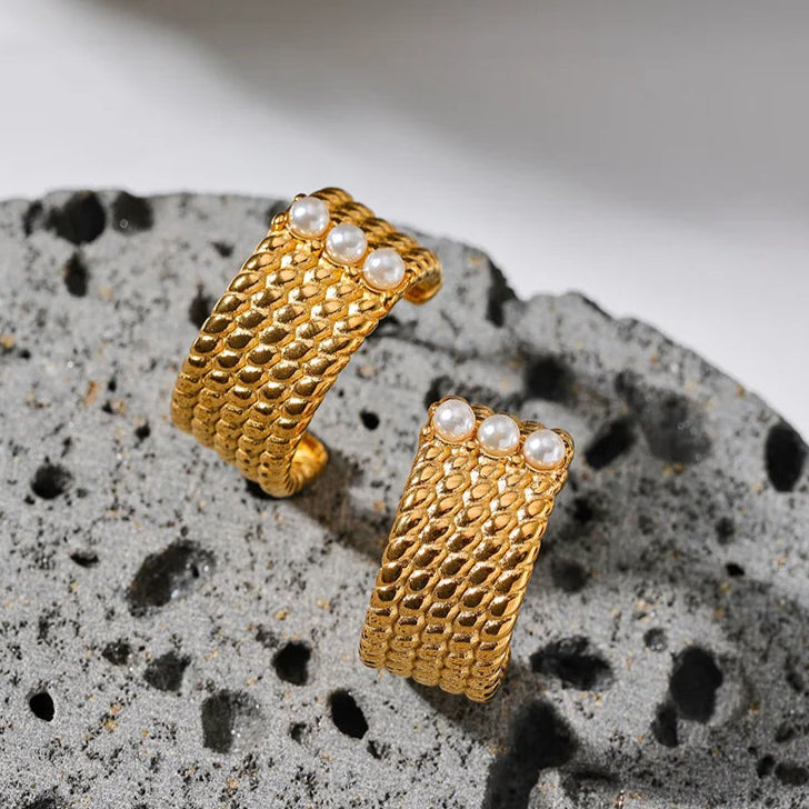Wide Geometric Pearl Hoop Style