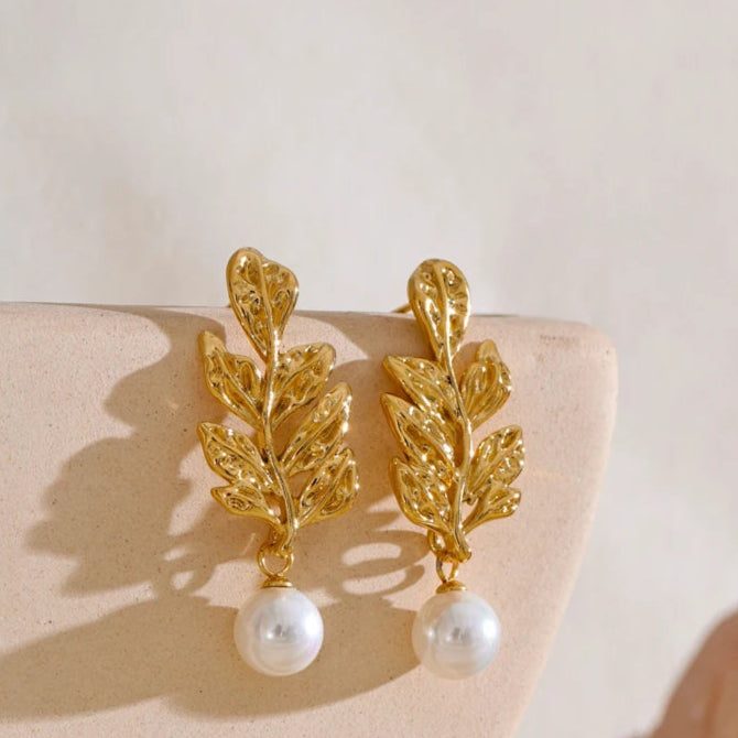 Pearls Leaf Drop Earrings